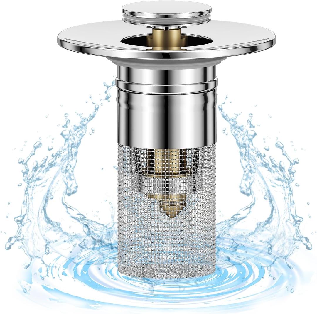 Bathroom Sink Drain Stopper for US Universal Replacement, Pop Up Drain for Bathroom Sink with Stainless Steel Filter Basket Hair Catcher, Sink Drain Strainer for 1.1-1.45 Inch