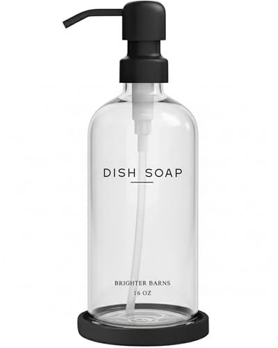 Glass Dish Soap Dispenser for Kitchen Sink by Brighter Barns - Modern Kitchen Soap Dispenser Set with Tray and Stainless Steel Pump - Minimalist Home Decor for Rental Properties, Restaurants (Clear)