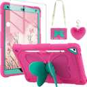 WESADN for iPad 9th Generation Case 8th 7th Gen 10.2 inch with Screen Protector/Butterfly Kickstand/Lanyard/Keychain Rugged Case with Pencil Holder for Kids Girls Cover for iPad 10.2 Case Rose Red