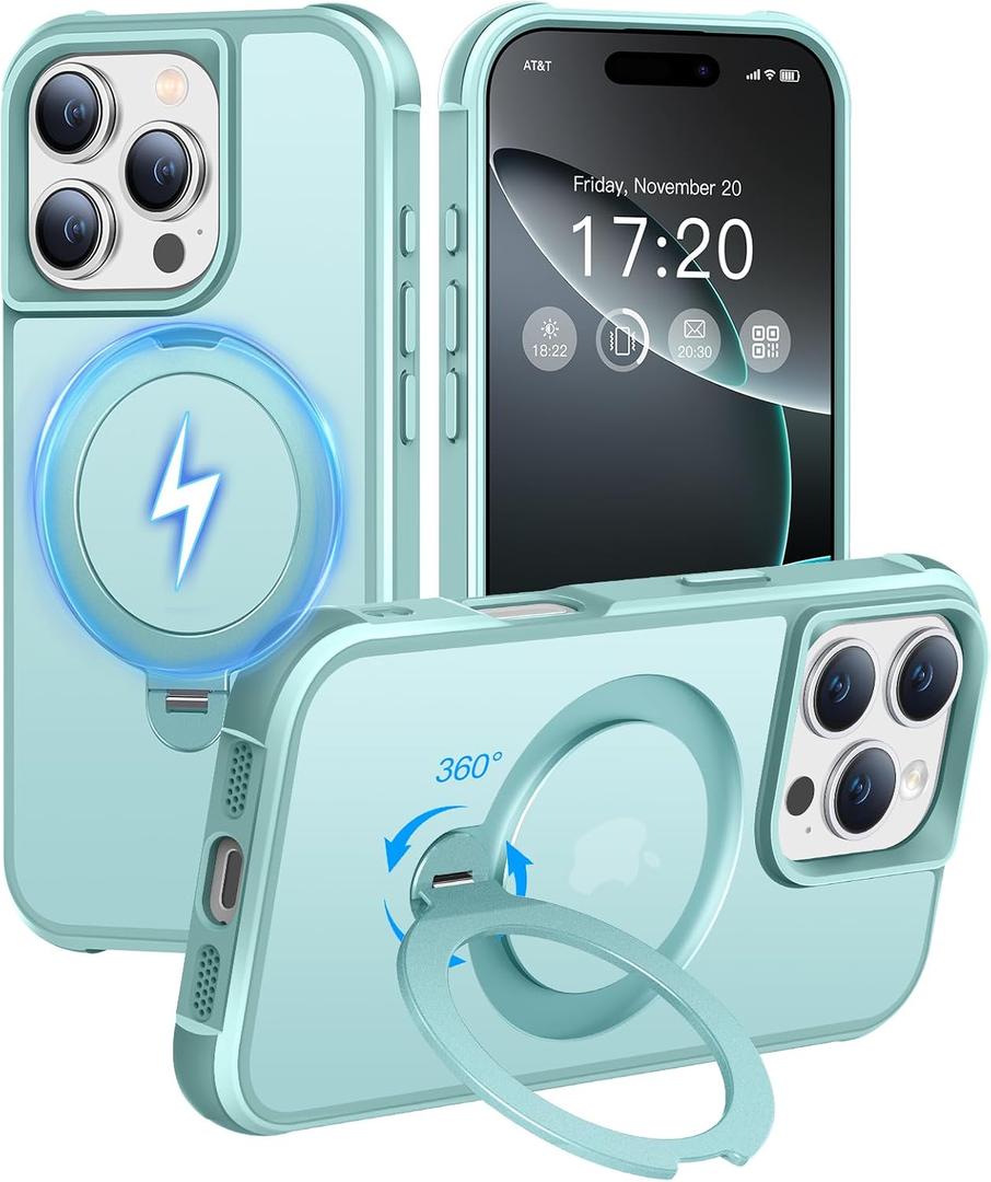 HuwaiH 360 Rotatable Magnetic Ring Stand for iPhone 16 pro Case, Compatible with MagSafe, Military-Grade Shockproof, Anti-Scratch Matte Translucent Phone Case for iPhone 16 pro(Lake Blue)