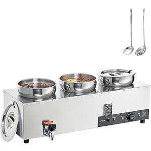 ETL Listed VEVOR Electric Soup Warmer, Three 7.4QT Stainless Steel Round Pot 86~185F Adjustable Temp, 1200W Commercial Bain Marie with Anti-Dry Burn, Soup Station for Restaurant, Buffet, Silver