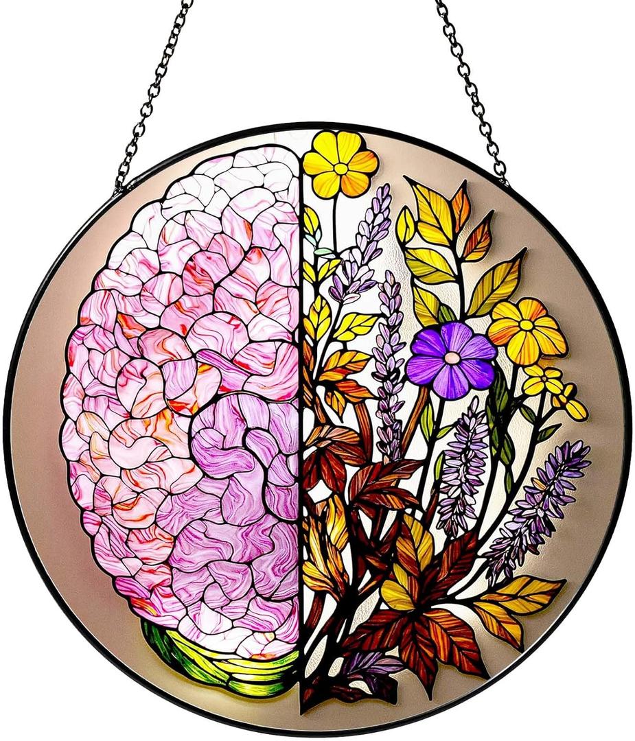 Flower Anatomy Brain Art Hanging Stained Glass for Window 7.8 inch Sun Catcher Garden Hanging Decoration Glass Gifts for Women Christmas Mother's Day Valentine's Day Decorations Holiday