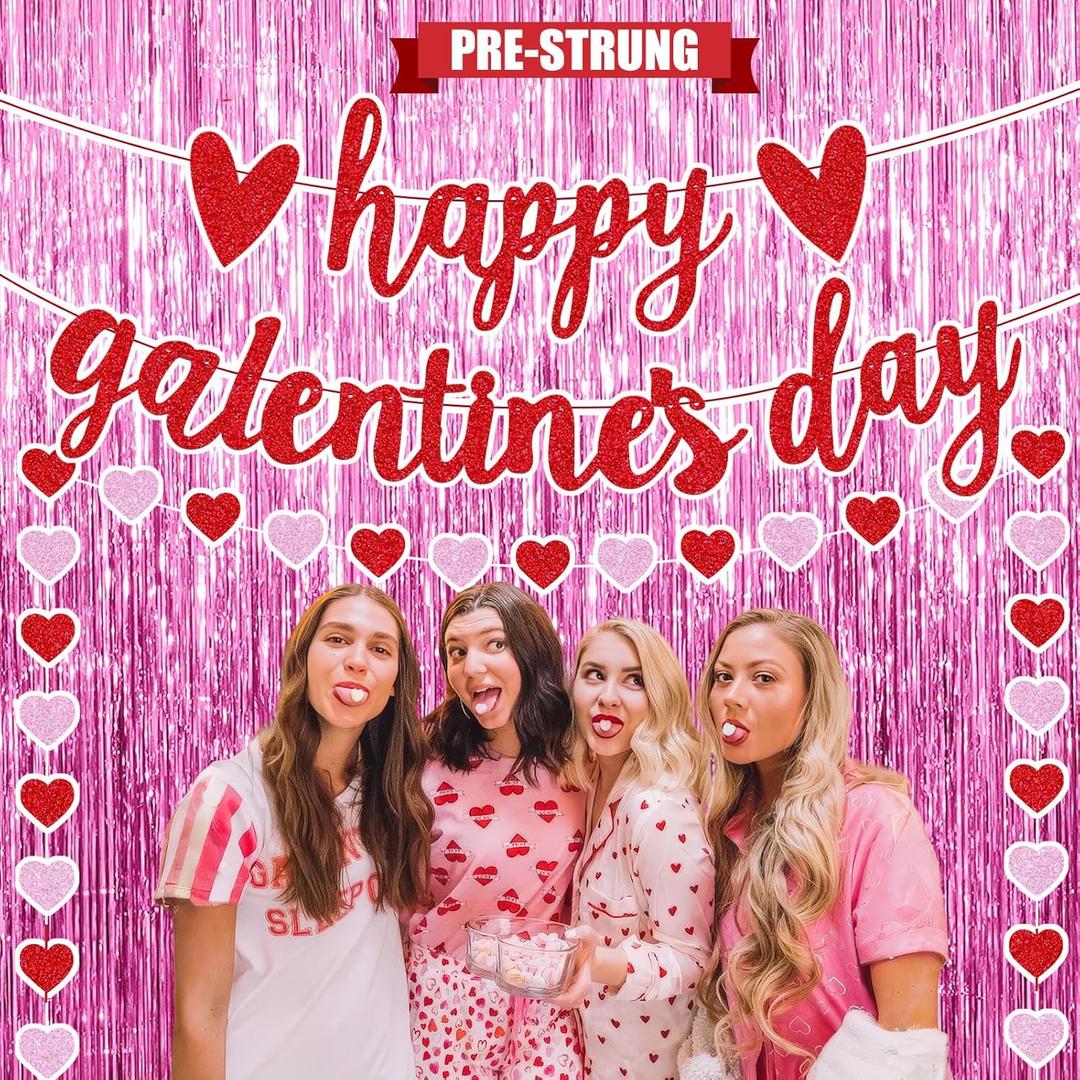 Galentines Day Decorations for Party, Fufuddz Pink Backdrop Foil Curtains Girls Valentines Banner Red Heart Garland Bachelorette Supplies Happy Birthday Sign Cute Gifts for Women Friends Ladies Night