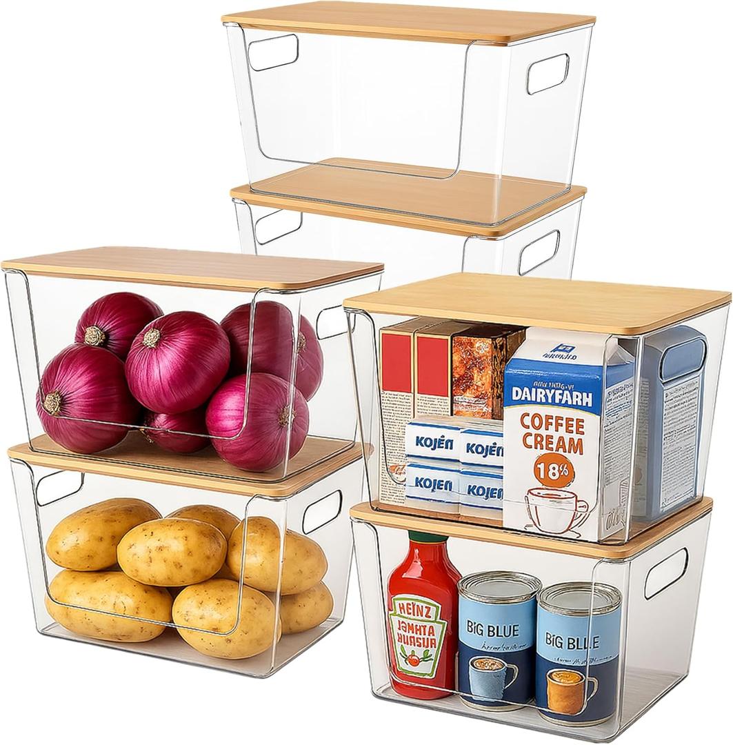 CiWiVOKi 6 Pack Clear Stackable Storage Bins with Bamboo Lids, Trash Bag Holder Dispenser Under Sink Organizer for 4-13 Gal Bags, Plastic Storage Containers for Pantry Bathroom Kitchen Organization