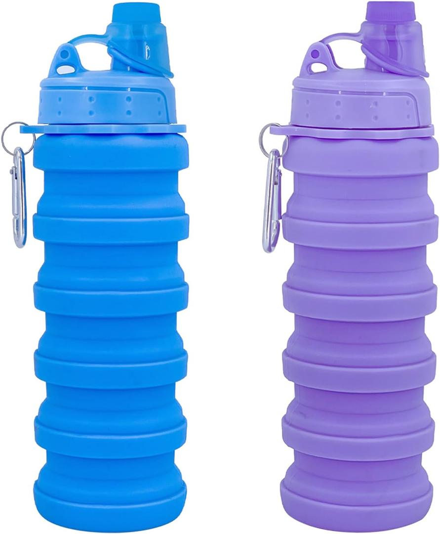 Collapsible Water Bottles Travel water bottle Sports Portable Sport Water Bottle Reusable Water Bottles comes with mountaineering Buckle 500ml silicone Water-proof camping water bottle (Blue+Purple)