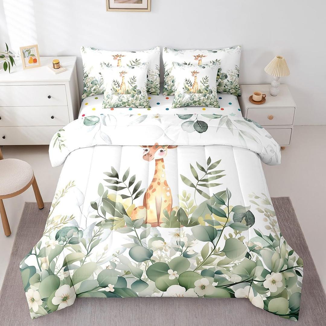 Erosebridal Cartoon Giraffe Twin Comforter Set 7 Pieces Woodland Wildlife Bedding Comforter Sets, Spring Bed in a Bag Eucalyptus Leaf Bedding Set, Jungle Animal Theme Bed Sheets Set Kids Room Decor