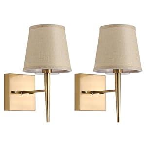 EFINEHOME Set of 2 Mid-Century Modern Wall Sconce with Fabric Shade| 1-Light Antique Gold Indoor Wall Lamp Fixture| Hallway Bathroom Vanity Light Sconces Mirror Cabinet Stairway Wall Lights (Grey)