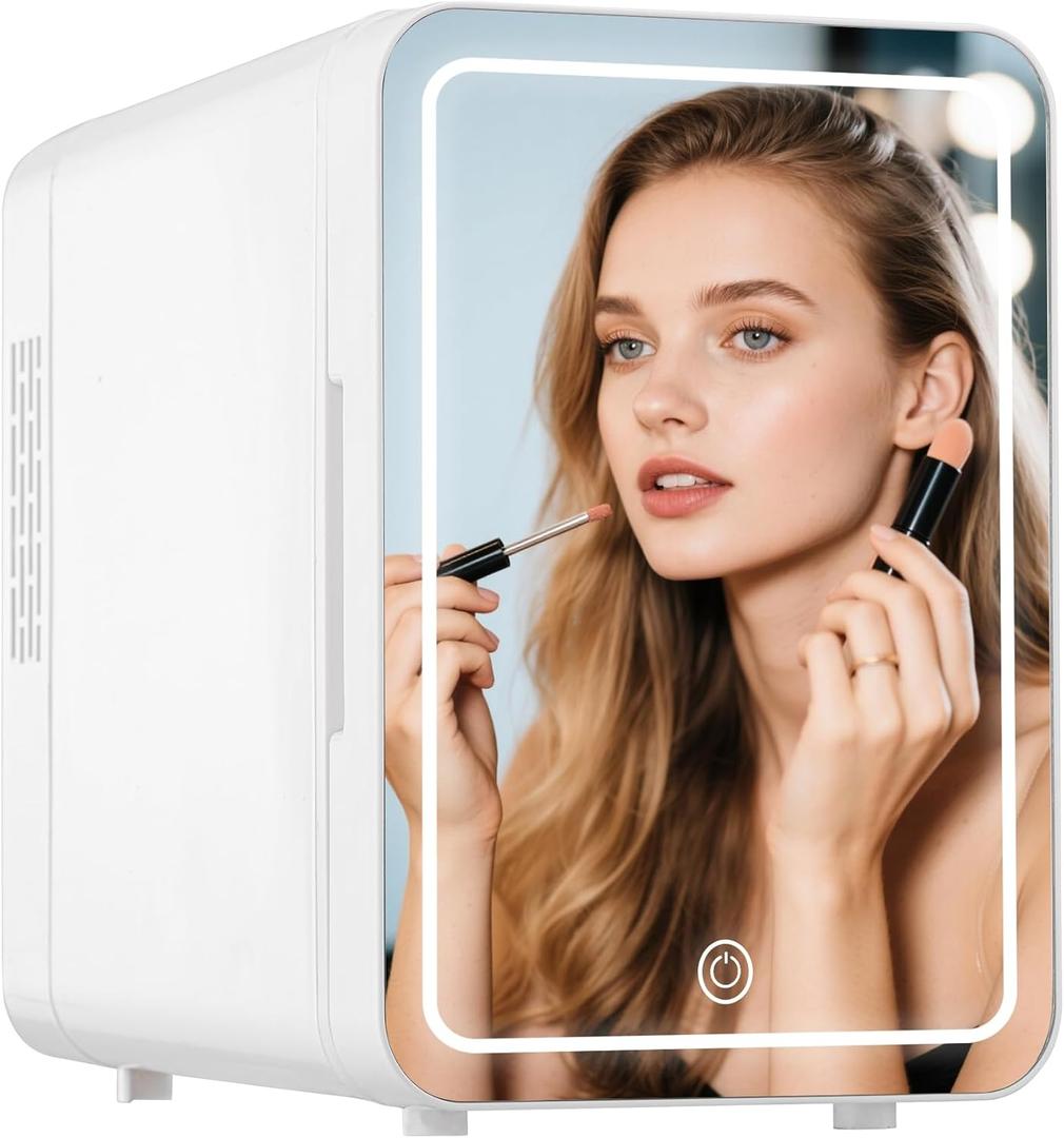 Iceblue Mini Fridge, 6L Skincare Fridge with Mirror, Dimmable LED Light Mirror Tiny Fridge with Thermoelectric Cooling Function for Cosmetics and Skincare, AC & DC Mini Beauty Refrigerator (White)