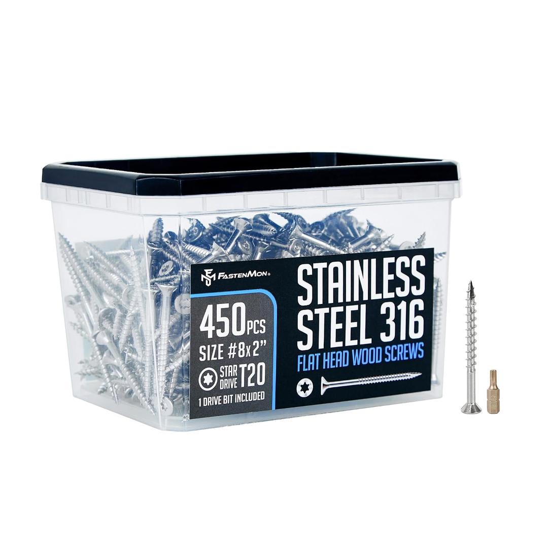 #8x2 Marine Grade 316 Stainless Steel Deck Screws, 450 PCS, Flat Head T20, Type 17 Point, Rust Resistant, Quick Drive, Strong Grip for Outdoor Wood Projects, Bit Included