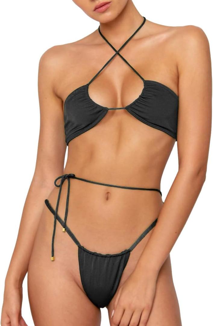 Women Cheeky Bikini Set Halter Thong Solid Color Adjustable Cinched String Two Piece Brazilian Swimsuit Triangle Bathing (S)