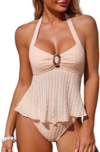 ZAFUL Halter Tankini Swimsuits for Women Lace O-Ring Cut Out Two Piece Tummy Control Swimsuits Bathing Suits L