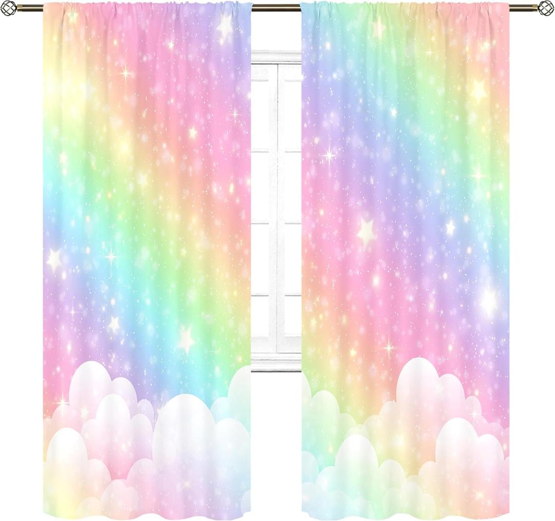 Cinbloo Rainbow Curtains 52Wx84H Inch Rod Pocket Kids Pastel Curtains Girls Cartoon Cute Colorful Sky Clouds Stars Aesthetic Art Printed Girly Princess Living Room Bedroom Window Drapes Fabric 2 Panel