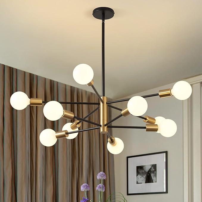 KAISITE Modern Chandelier Dining Room Light Fixture Over Table 10Light Sputnik Chandelier Ceiling Light Fixture Height Adjustable Black and Gold Mid Century Pendant Lighting for Kitchen Living Room