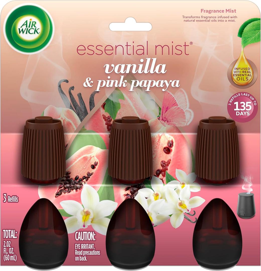 Air Wick Essential Mist Refill, 3 ct, Vanilla and Pink Papaya, Essential Oils Diffuser, Air Freshener (0.67 Fl Oz (Pack of 3))