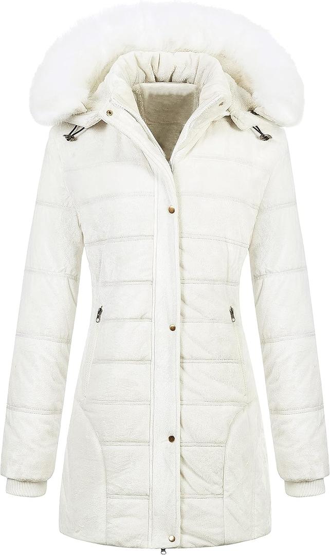 Chrisuno Women's Warm Winter Coat Velvet Puffer Jacket Quilted Faux Fur Hood (Large, Cream White)