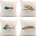 Set of 4 Linen Throw Pillow Cover Case Fishin Fish Hook Decorative Pillow Cases Covers Home Decor Square 18 x 18 Inches Pillowcases (Multi 163603)