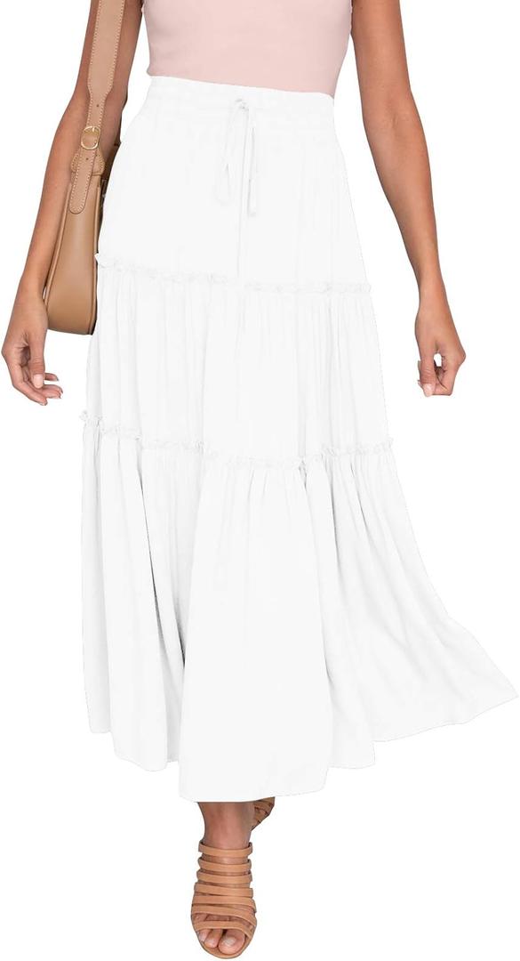 HAEOF Womens Summer Flowy Boho Maxi Skirt Elastic High Waist A Line Pleated Tiered Trendy Beach Long Skirts with Pockets (Medium, White)