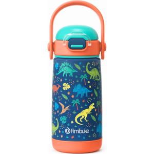 Fimibuke Kids Insulated Water Bottle with Straw Lid & Handle - 14oz BPA FREE 18/8 Stainless Steel Metal Tumbler Leak Proof Double Wall Vacuum Kids Cup Toddler Water Bottle for School Boys Girls, Dinosaur