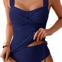 B2prity Tankini Swimsuits for Women Tummy Control Two Piece Bathing Suit High Waisted Wrap Swim Suit with Bottom Swimwear (Medium, Navy Blue)