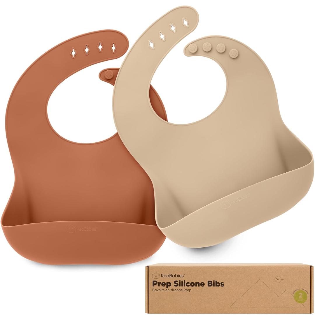 KeaBabies 2-Pack Silicone Bibs for Babies, Toddlers Girl, Boy Sturdy Food-Grade Baby Bibs for Eating, Large Food Catcher, Clean & Put On Easily, Waterproof Toddler Feeding Essentials (Terracotta)