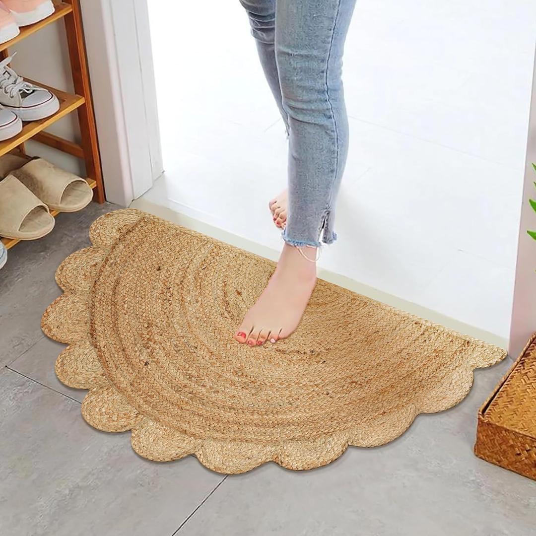 Boho Braided 1.5x3 Area Rug - Jute Natural Fiber Semi Circle Scalloped Rug for Living Room Entryway, Farmhouse, Home, Indoor Rugs Jute Door mat for Bathroom (Natural, 1.5 X 3 ft) (Natural Light Brown) Boho Braided 1.5x3 Area Rug - Jute Natural Fiber Semi Circle Scalloped Rug for Living Room Entryway, Farmhouse, Home, Indoor Rugs Jute Door mat for Bathroom (Natural, 1.5 X 3 ft) (Natural Light Brown)
