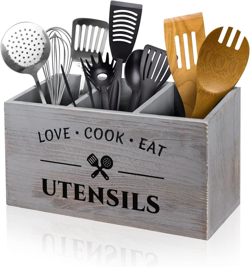 Utensil Holder with 3 Compartments, Rustic Wood Utensil Caddy Crocks for Kitchen Counter, Farmhouse Flatware Organizer Storage Box for Silverware Fork Spoon Spatula (Grey)