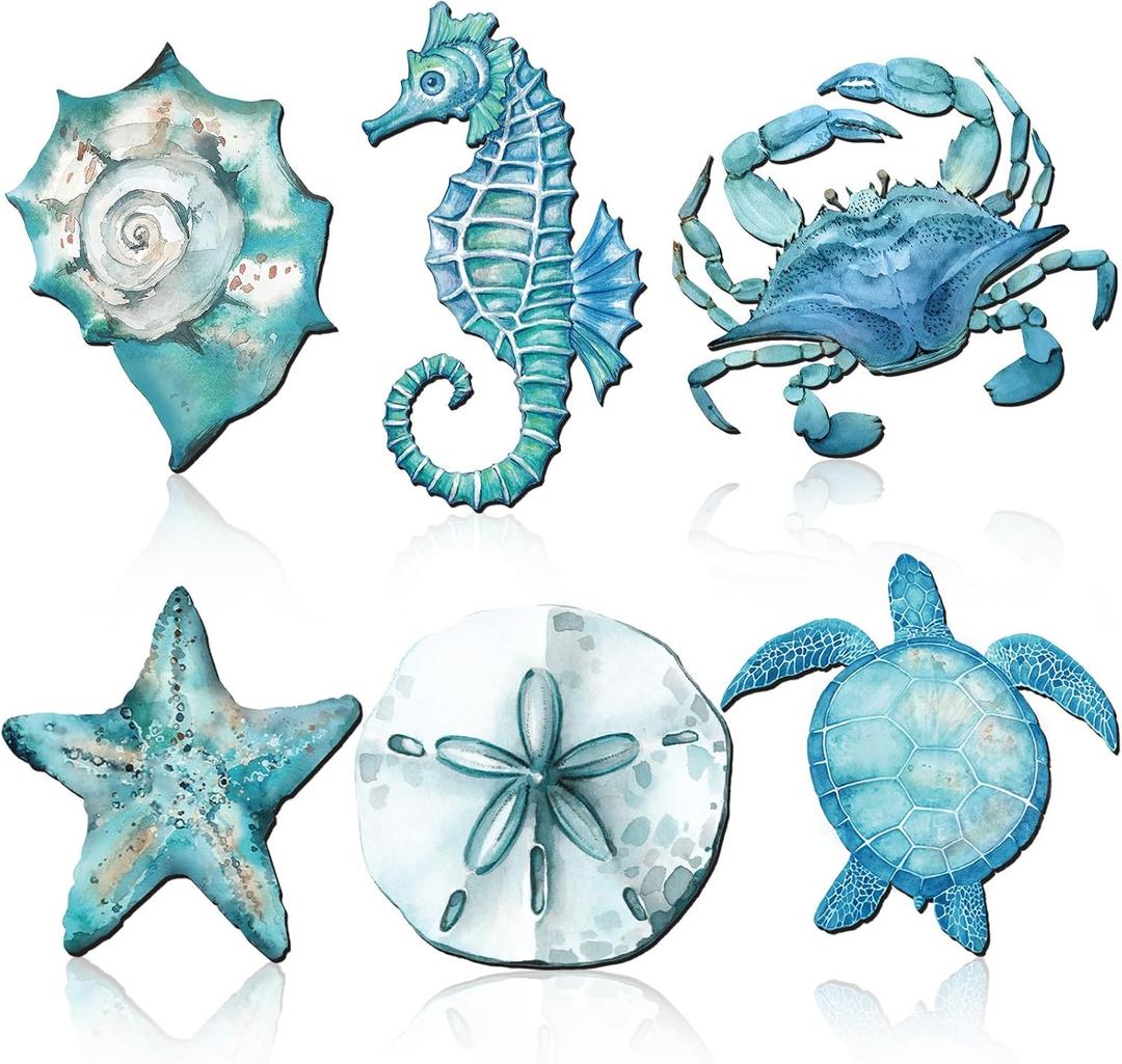 Tandefio 6 Pcs Coastal Wall Decor Ocean Beach Metal Wall Art Sea Life Turtle Seahorse Crab Shell Conch Bathroom Hanging Decor for Nautical Theme Home Living Room Bedroom Outdoor Decorations