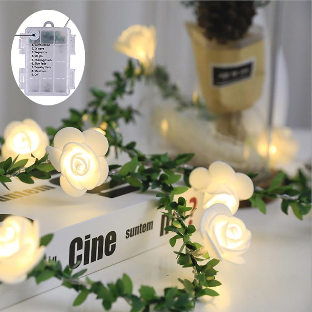Flower Vine Fairy Lights,9.8FT,20LEDS,Tiny Leaf-Garland with White Flower String Lights Battery Powered Light for Indoor Christmas Party Wedding Garden Dcor8mode