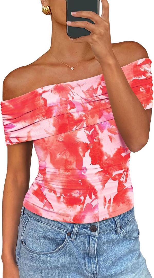 PRETTYGARDEN Women's Off The Shoulder Short Sleeve Ruched Slim Fit Blouse (Pink, S)