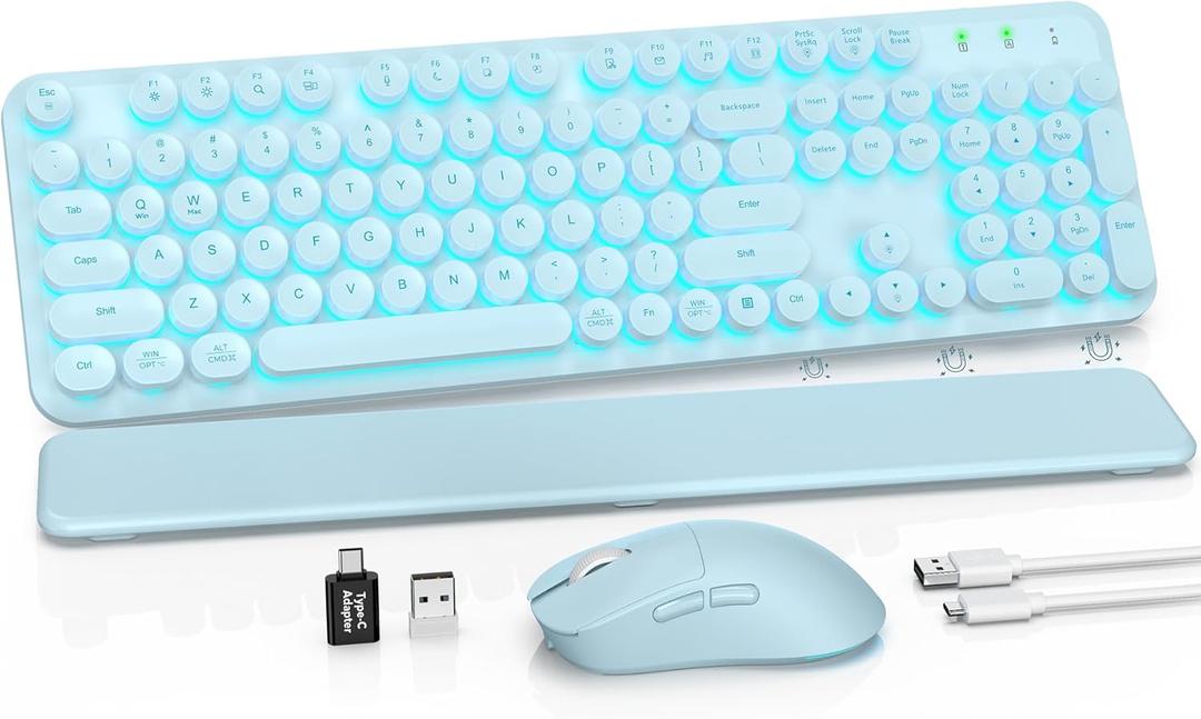 Wireless Keyboard and Mouse Combo, Backlit Round Keycaps, Retro Typewriter Keyboard with Detachable Wrist Rest, Rechargeable & Tilt Legs, 2.4GHz Cordless Connection for Windows/PC (Glowing Blue)