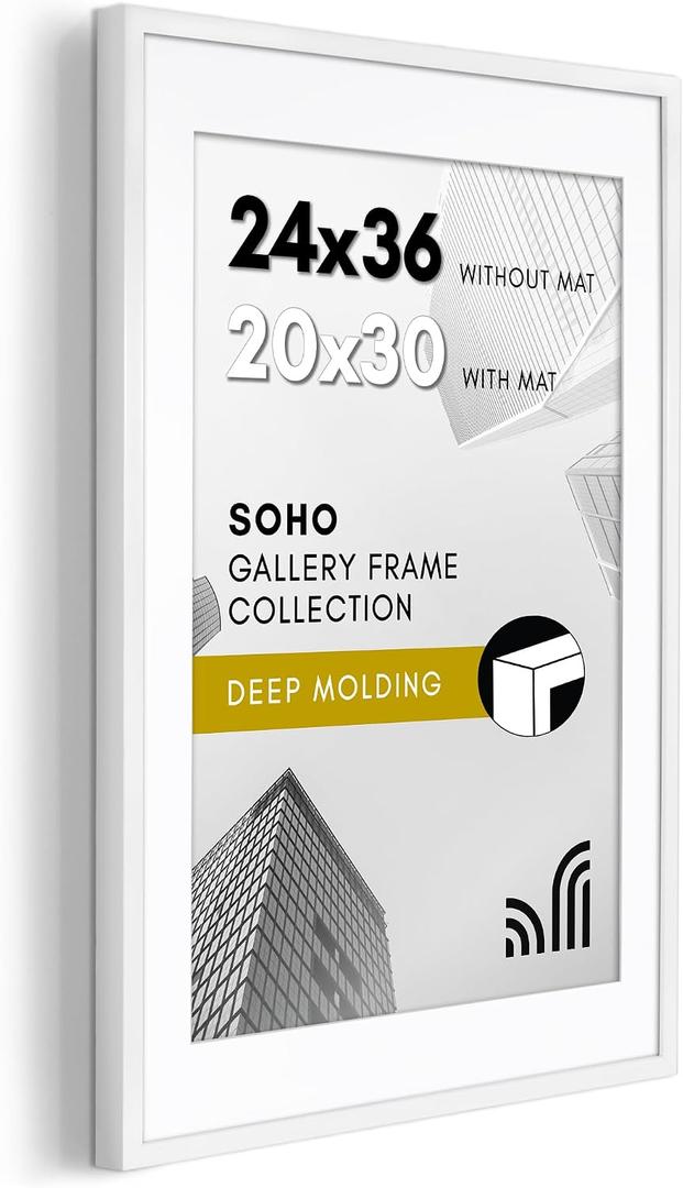 Americanflat 24x36 Poster Frame with Polished Plexiglass - Use as 20x30 Frame with Mat or Display 24x36 Photo Without Mat - Soho Collection - Deep Molding Picture Frames for Wall Display - White