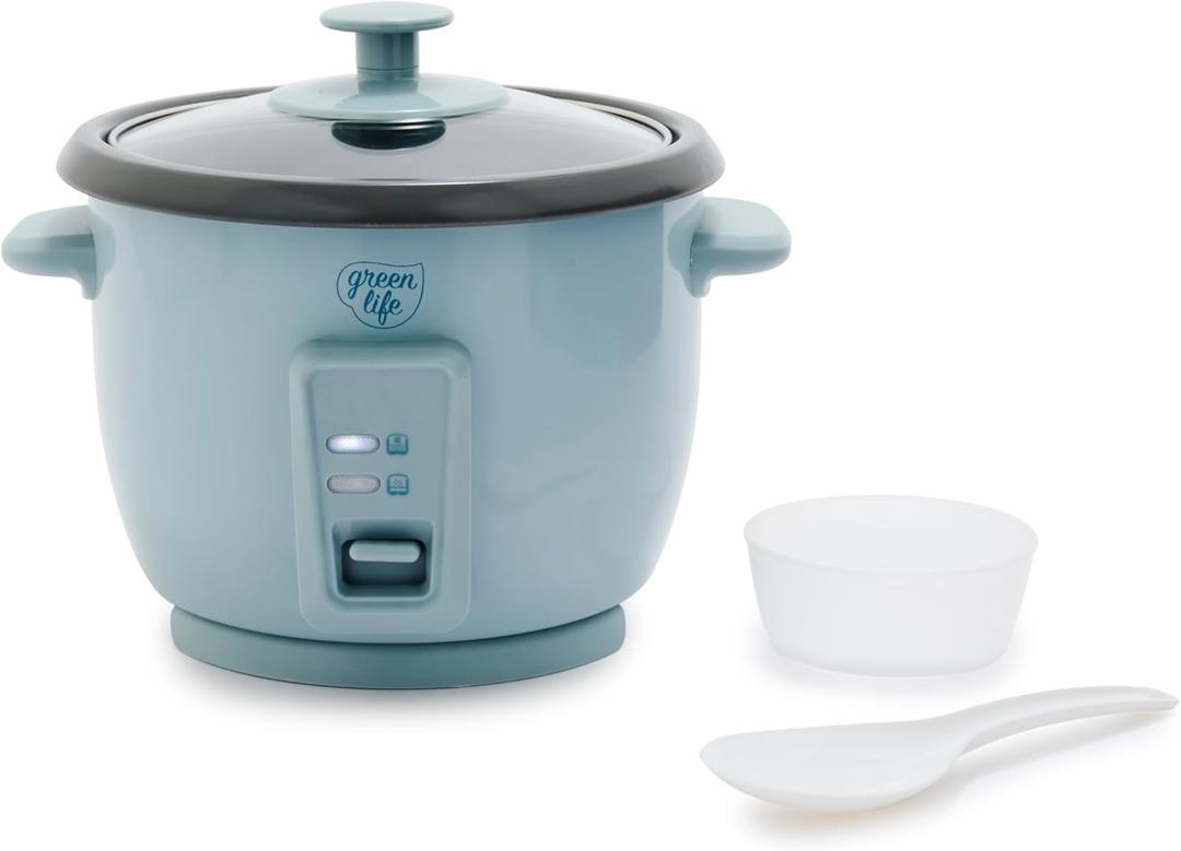 GreenLife Electric Rice Cooker, 3-Cups Uncooked/6-Cups Cooked, Removable PFAS-Free Nonstick Pot, One-Switch Design, Auto Keep Warm, Small Space Saving, Rice Paddle, Soup, Grains, Oatmeal, 1.5 QT, Blue