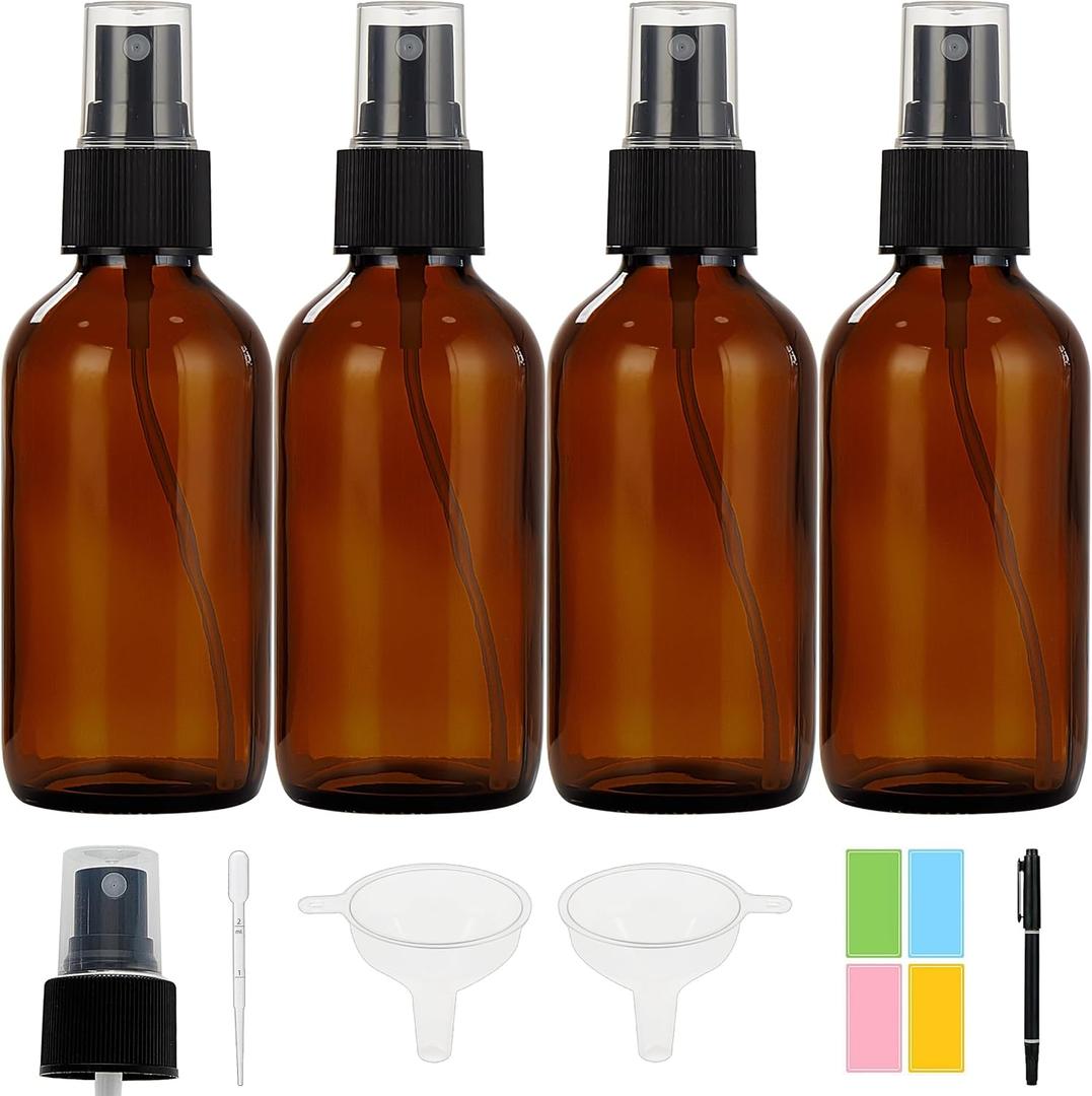 Dark Amber Glass Spray Bottles 4 oz, Small Glass Spray Bottles for Essential Oils, Fine Mist for Face, Hair, Plants, Travel, Perfumes, Cleaning Solutions - 4 Pack