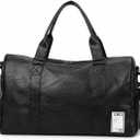 Sports Travel Gym Duffel Bag, Black, PU Leather, with Separate Shoe Compartment, Wet and Dry Separation, Large