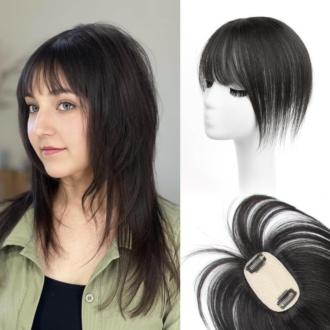 Short Hair Toppers for Women, Real Human Hair Toppers with Bangs, Clip in Human Topper for Thin hair, Thinning Crown Wiglets Hair Pieces Small Top Base 1.9"×3.5" 8 Inch,0.7oz,1B Natural Black