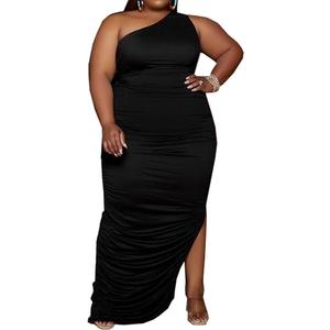 Womens Sexy Plus Size One Off Shoulder Sleeveless Bodycon Ruched Evening Pencil Party Maxi Dresss, Size: 3X-Large