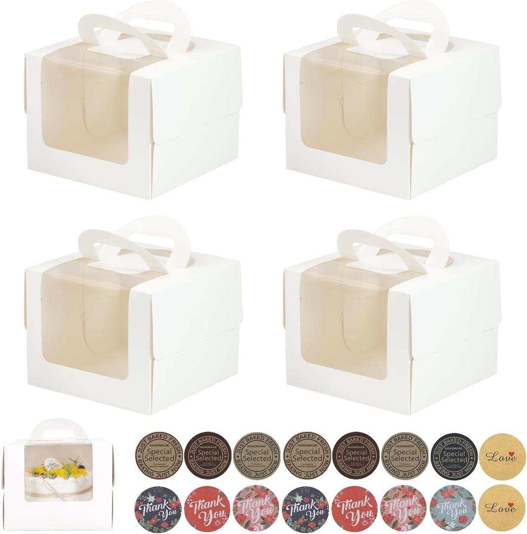 20Pcs 554 Inches Mini Cake Boxes-Solid White with Carry Handles and Cake Board-Suitable for Cakes up to 4 Inch,cake container,Pastries,Bakery Treats-Perfect for Celebrations and Gifts