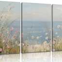 Coastal Wildflowers Wall Art Nature Inspired Ocean View Canvas Poster Vintage Neutral Floral Prints Artwork, Seaside Floral Rustic Country House Decoration for Living Room, Office Scene Home Decor
