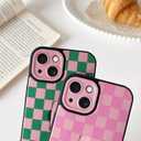 Yeddabox for iPhone 14 Case with Finger Strap Kickstand, Checkered Phone Case Full Camera Protection Shockproof Soft TPU and Hard PC Back Cover for Women Men, Pink and Green