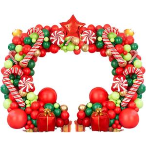 Leesoot Christmas Balloons Arch Decorations 144pcs Red Green Gold Balloons for Party Gift Star Candy Cane Balloons Indoor Outdoor Decor Christmas Balloon Garland Arch Kit
