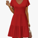 Women's Casual Summer Dress with Pockets V Neck Ruffle Sleeve A-Line Dresses L