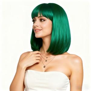 Rugelyss Green Short Straight Bob Wig with Bangs 12 Inches Synthetic Hair Wigs for Women and Girls with Wig Cap