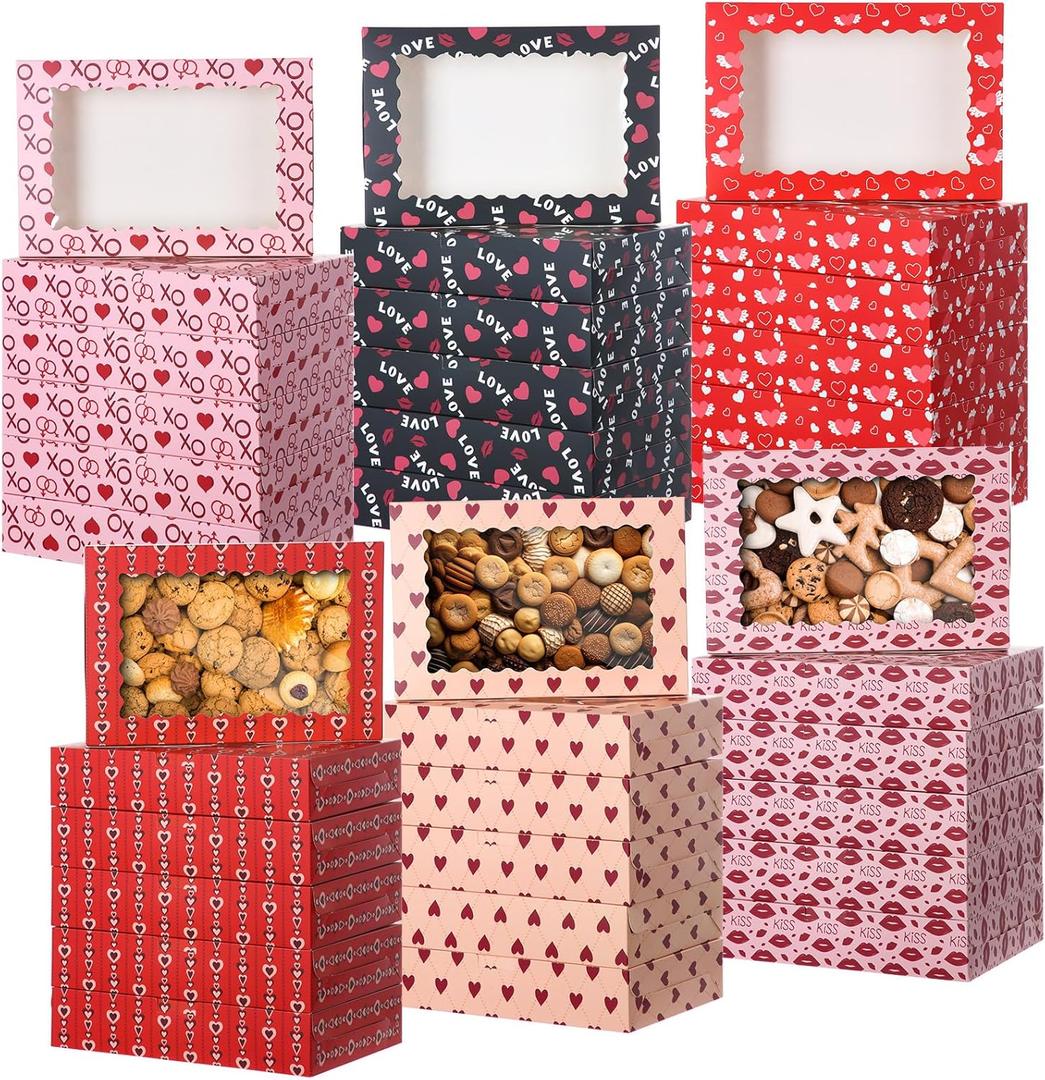 Tenare 48 Pcs Valentine's Day Treat Boxes 12 x 8 x 2.5 Inch Valentines Heart Gift Boxes Bulk with Window for Women Valentine's Gift Giving Chocolate Donut Cupcake Cookie Packaging