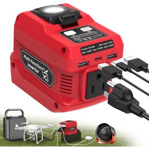 220W Power Inverter Compatible with Milwaukee 18V Battery, DC 18V to AC 110V Battery Inverter, Power Station Generator with 1 AC Outlet, 2 USB Ports & 1 Type-C Fast Charging, 400LM LED Work Light (Red)
