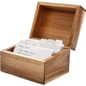 WELLAND Recipe Box with Card Divider Recipe Card Set, Acacia Wood