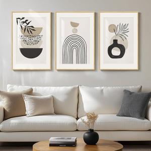 Framed Boho Wall Art for Living Room, Large Neutral Bohemian Wall Decor, 3 Piece Mid Century Beige Artwork for Walls, Canvas Boho Geometric Pictures Prints for Bedroom Kitchen Hallway Decor, 16x24 In