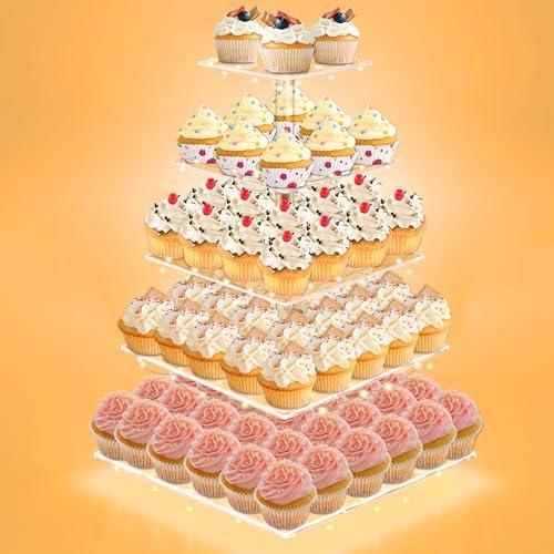 Cupcake Stand with Lights, 5 Tier Cupcake Holder, Light Up Cupcake Stand for 50 Cupcakes, Dessert Table Display Set for Weddings, Christmas, Birthday Parties (Yellow Light)