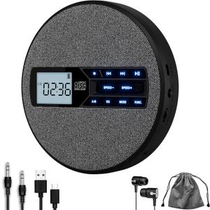 CD Player Portable, Rechargeable Portable CD Player with Dual Speakers and Anti Skip,CD,USB,AUX,LCD Display,Backlit Button,5 EQ,A-B Repeat,10 Speeds for Home Car Fabric Black