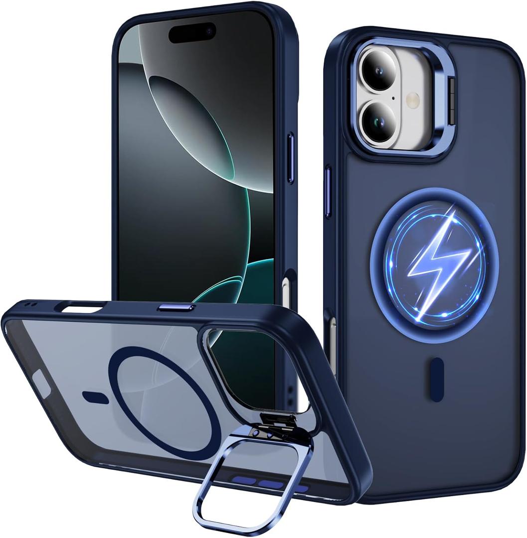 ADDIT Magnetic Phone Case for iPhone 16 - Military-Grade Translucent Matte Back with Built-in Camera Stash Stand - Royal Blue