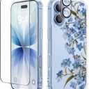 GVIEWIN for iPhone 17 Case, with Screen Protector+Camera Lens Protector, [NonYellowing] Clear Floral Slim Shockproof Protective Hard PC Back Women Phone Case for iPhone 17 6.3", Aconite/Blue